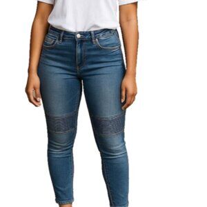 Rue21 Women’s Jegging Jeans 9/10 Blue Low Rise Stretch Moto Knee Skinny EUC